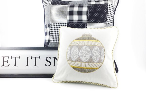 Yuletide Ornament Pillow on white velveteen