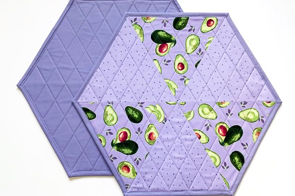 Hexagon Place Mats in purple avocado fabrics - perfect for round tables
