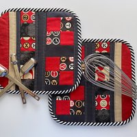 Handmade Quilted Potholder Set, Retro Typewriter Fabric, Kitchen Hot Pads