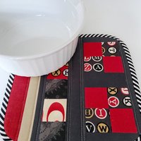Handmade Quilted Potholder Set, Retro Typewriter Fabric, Kitchen Hot Pads