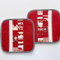 Red Quilted Potholder Set, Retro Kitchen Hot Pads