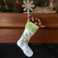 Personalized Christmas Stocking, Embroidered Elf on Bike, Handmade Cotton