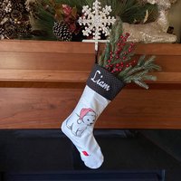 Personalized Christmas Stocking, Embroidered with Bear in Santa Hat and Your Choice of Name