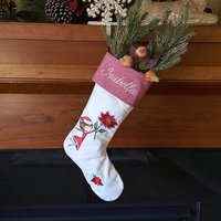 Personalized Embroidered Christmas Stocking, Girl and Poinsettia, Keepsake Family Stocking