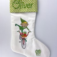 Personalized Christmas Stocking, Embroidered Elf on Bike, Handmade Cotton