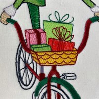 Personalized Christmas Stocking, Embroidered Elf on Bike, Handmade Cotton