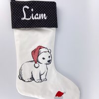 Personalized Christmas Stocking, Embroidered with Bear in Santa Hat and Your Choice of Name