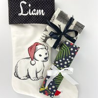 Personalized Christmas Stocking, Embroidered with Bear in Santa Hat and Your Choice of Name