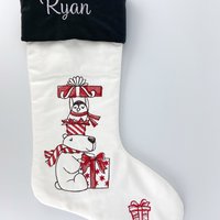 Personalized Christmas Stocking, Embroidered with Bear and Penguin and Your Choice of Name