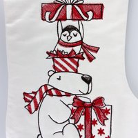Personalized Christmas Stocking, Embroidered with Bear and Penguin and Your Choice of Name