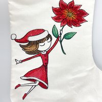 Personalized Embroidered Christmas Stocking, Girl and Poinsettia, Keepsake Family Stocking
