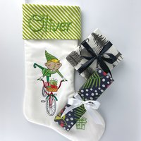 Personalized Christmas Stocking, Embroidered Elf on Bike, Handmade Cotton