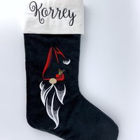 Personalized Christmas Stocking, Embroidered with Gnome in Santa Hat and Your Choice of Name
