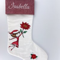 Personalized Embroidered Christmas Stocking, Girl and Poinsettia, Keepsake Family Stocking