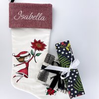 Personalized Embroidered Christmas Stocking, Girl and Poinsettia, Keepsake Family Stocking
