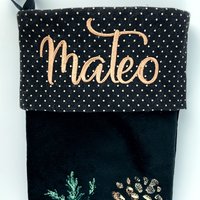 Personalized Christmas Stocking, Embroidered with Golden Pinecones and Your Choice of Name