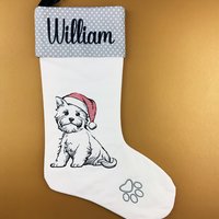 Personalized Christmas Stocking, Embroidered with Puppy and Your Choice of Name