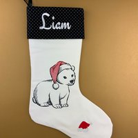 Personalized Christmas Stocking, Embroidered with Bear in Santa Hat and Your Choice of Name