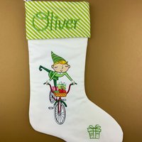 Personalized Christmas Stocking, Embroidered Elf on Bike, Handmade Cotton
