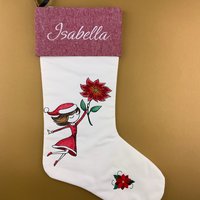 Personalized Embroidered Christmas Stocking, Girl and Poinsettia, Keepsake Family Stocking