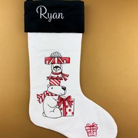 Personalized Christmas Stocking, Embroidered with Bear and Penguin and Your Choice of Name