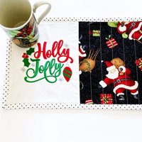Embroidered Christmas Mug Rug, Holiday Snack Placemat