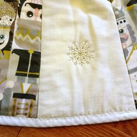 Quilted Christmas Tree Skirt, Nutcracker Fabric, Gold Metallic Snowflakes, 58"