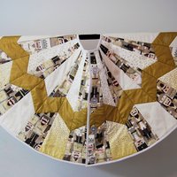 Quilted Christmas Tree Skirt, Nutcracker Fabric, Gold Metallic Snowflakes, 58"