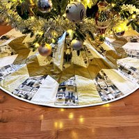 Quilted Christmas Tree Skirt, Nutcracker Fabric, Gold Metallic Snowflakes, 58"
