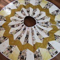 Quilted Christmas Tree Skirt, Nutcracker Fabric, Gold Metallic Snowflakes, 58"