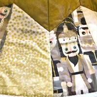Quilted Christmas Tree Skirt, Nutcracker Fabric, Gold Metallic Snowflakes, 58"