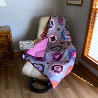 Handmade Quilt, Modern Patchwork, Vibrant Colors, Pinks and Purples, 54 X 63