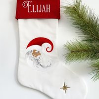 Personalized Christmas Stocking, Embroidered Santa Moon and Star