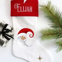 Personalized Christmas Stocking, Embroidered Santa Moon and Star