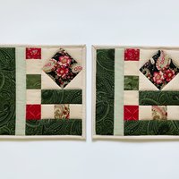 Quilted Potholders, Set of 2, Handmade Hot Pads, Green & Red Paisley