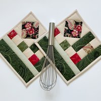 Quilted Potholders, Set of 2, Handmade Hot Pads, Green & Red Paisley