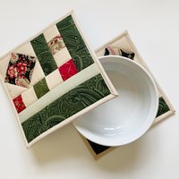 Quilted Potholders, Set of 2, Handmade Hot Pads, Green & Red Paisley