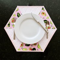 Placemats, Quilted Pink and White with Avocados and Dots, Perfect for Round Tables, Set of Two Hexagon-Shaped Table Mats