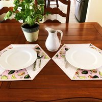 Placemats, Quilted Pink and White with Avocados and Dots, Perfect for Round Tables, Set of Two Hexagon-Shaped Table Mats