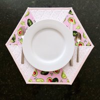 Placemats, Quilted Pink and White with Avocados and Dots, Perfect for Round Tables, Set of Two Hexagon-Shaped Table Mats