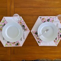 Placemats, Quilted Pink and White with Avocados and Dots, Perfect for Round Tables, Set of Two Hexagon-Shaped Table Mats