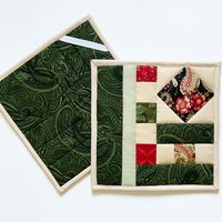 Quilted Potholders, Set of 2, Handmade Hot Pads, Green & Red Paisley