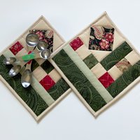 Quilted Potholders, Set of 2, Handmade Hot Pads, Green & Red Paisley