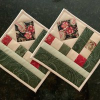 Quilted Potholders, Set of 2, Handmade Hot Pads, Green & Red Paisley