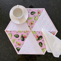 Placemats, Quilted Pink and White with Avocados and Dots, Perfect for Round Tables, Set of Two Hexagon-Shaped Table Mats
