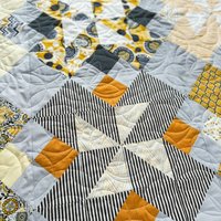 Handmade Quilt, Scrappy Modern Throw in Yellow and Gray, Gender Neutral Gift, 56 X 70