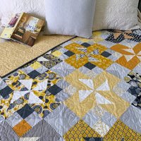 Handmade Quilt, Scrappy Modern Throw in Yellow and Gray, Gender Neutral Gift, 56 X 70