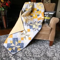 Handmade Quilt, Scrappy Modern Throw in Yellow and Gray, Gender Neutral Gift, 56 X 70