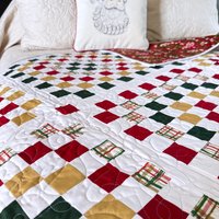 Handmade Christmas Quilt, Christmas Holiday Colors, Large Throw, 55 X 72