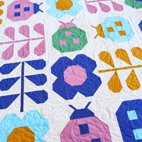 Handmade Patchwork Quilt, Flowers and Ladybugs, Modern Spring Throw, 58 X 68